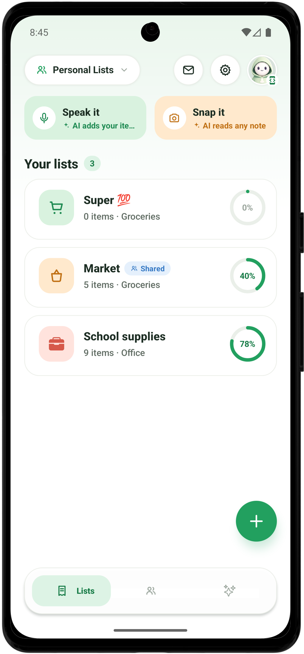 Lysta home with personal lists